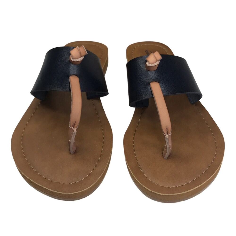 Blue Fin Girls Youth Faux Leather Flip-Flops Thong Sandals US Size 2 NEW Black